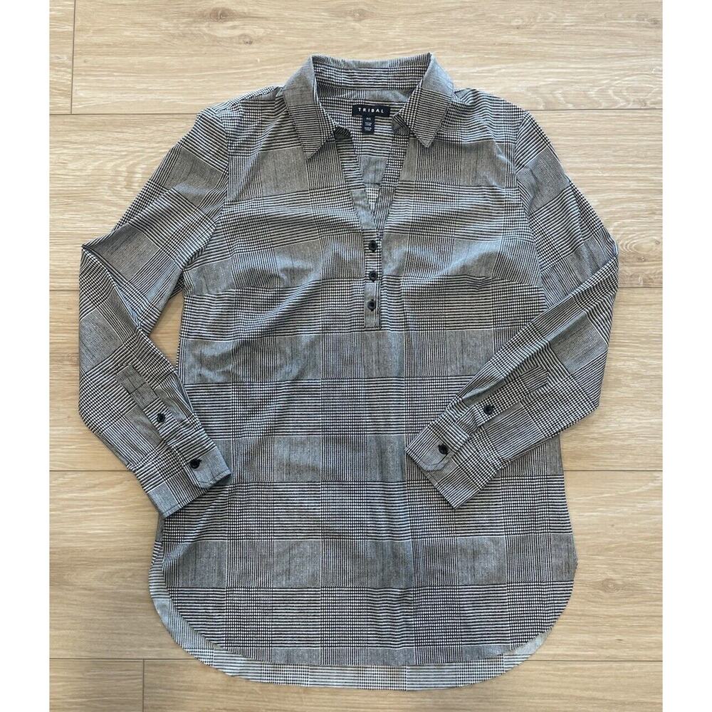 TRIBAL Nordstrom Collared Long Sleeve Women Petite Small Stretch Black White 19